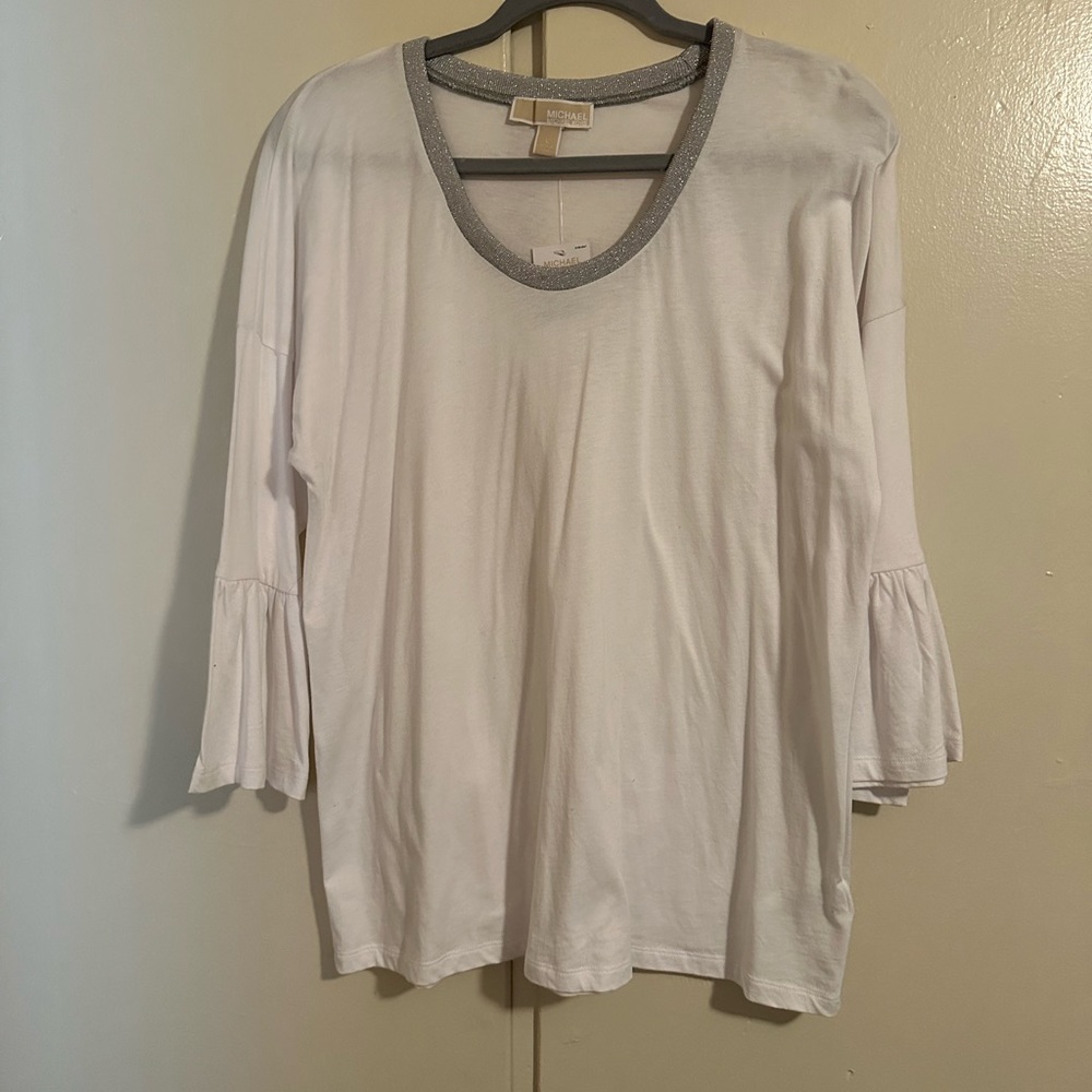 New Michael Kors bell sleeve sparkly silver collar lightweight knit top
